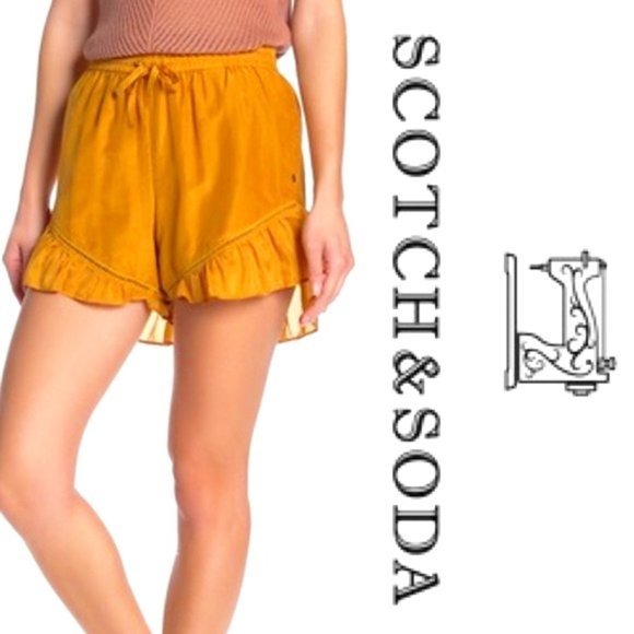 Scotch & Soda Pants - Scotch & Soda - Silk Blend Yellow Ruffle Hem Drawstring Mid-Rise Short - Size L